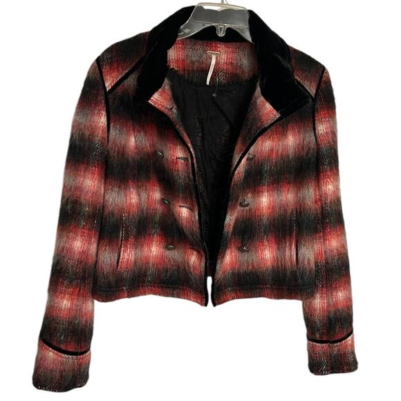 Free People Plaid Wool Blend Military Jacket Women's XS Red Black Velvet Collar - Picture 6 of 8